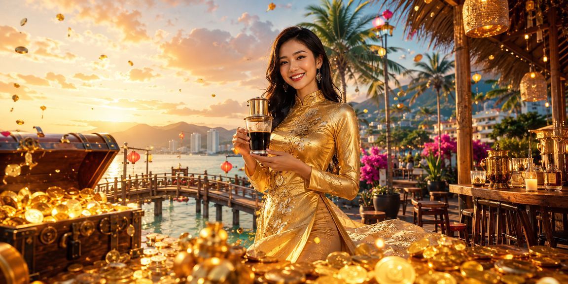 Khung cảnh Nha Trang với người dùng trải nghiệm cá cược và giao dịch tài chính trực tuyến trong trang phục áo dài truyền thống